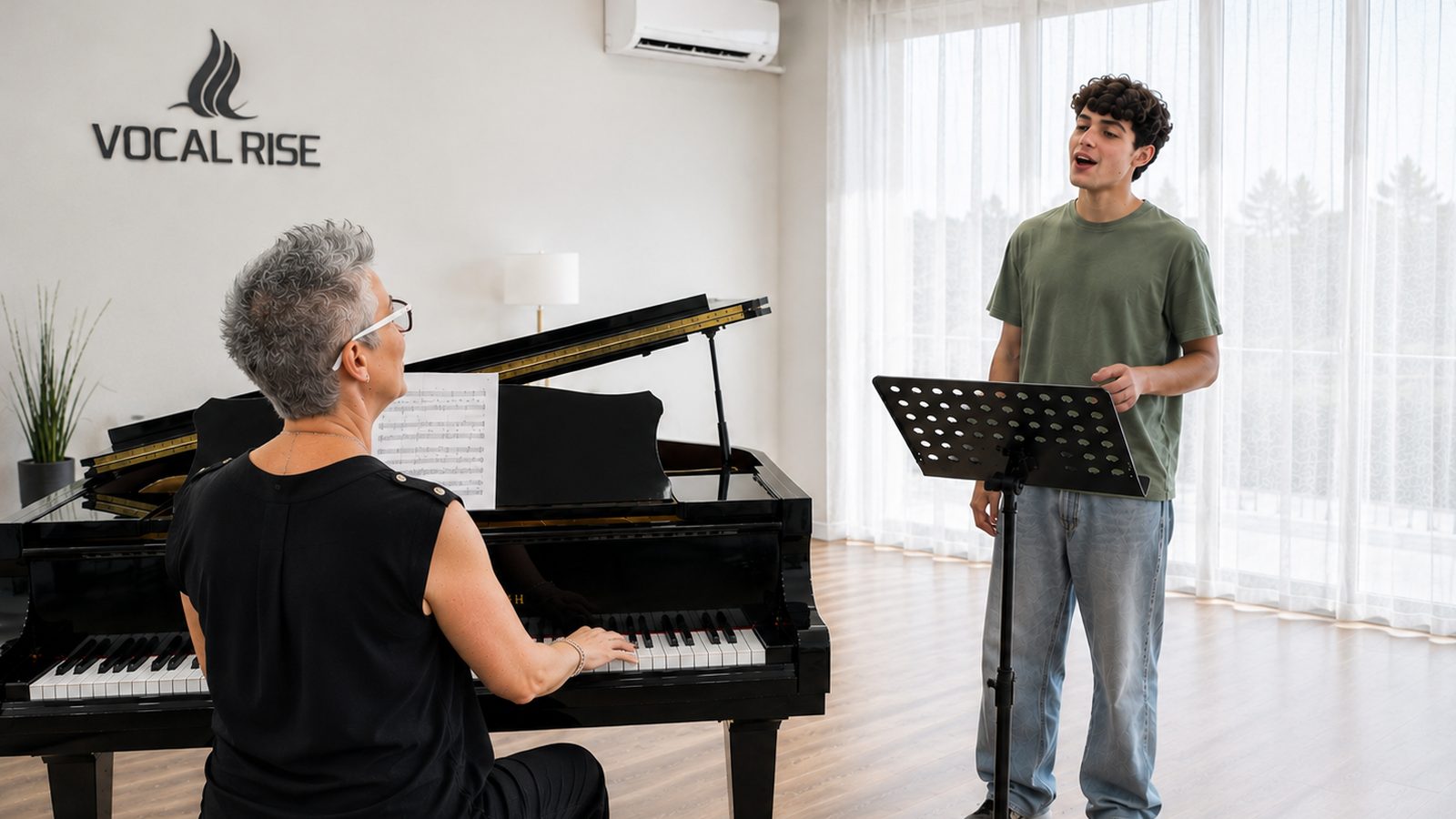 Lezione di canto Vocalrise: insegnante al pianoforte e allievo