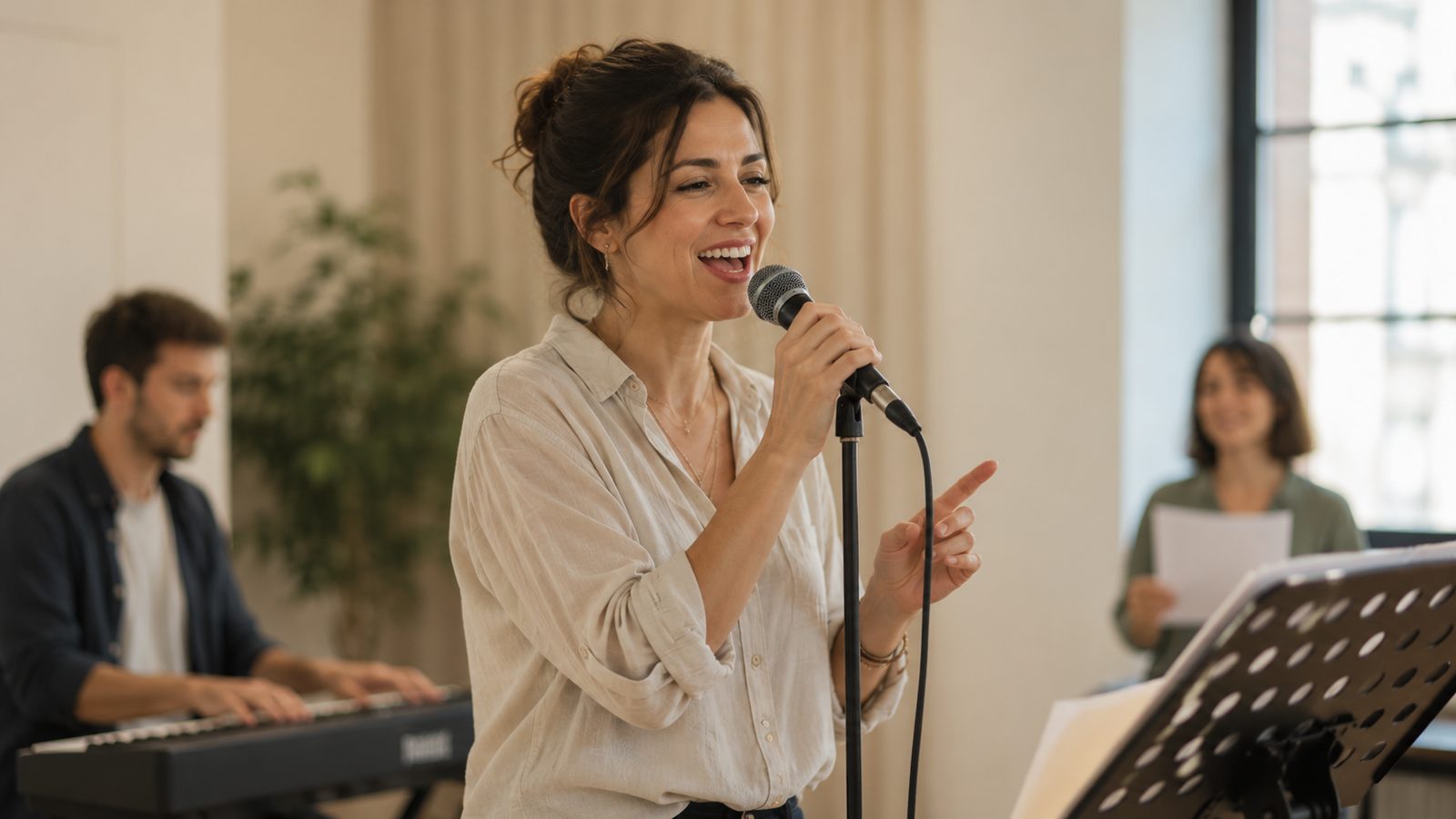 Cantante in prova con musicisti, lezione di canto Vocalrise