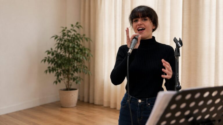 Cantante che prova in aula, preparazione a un casting